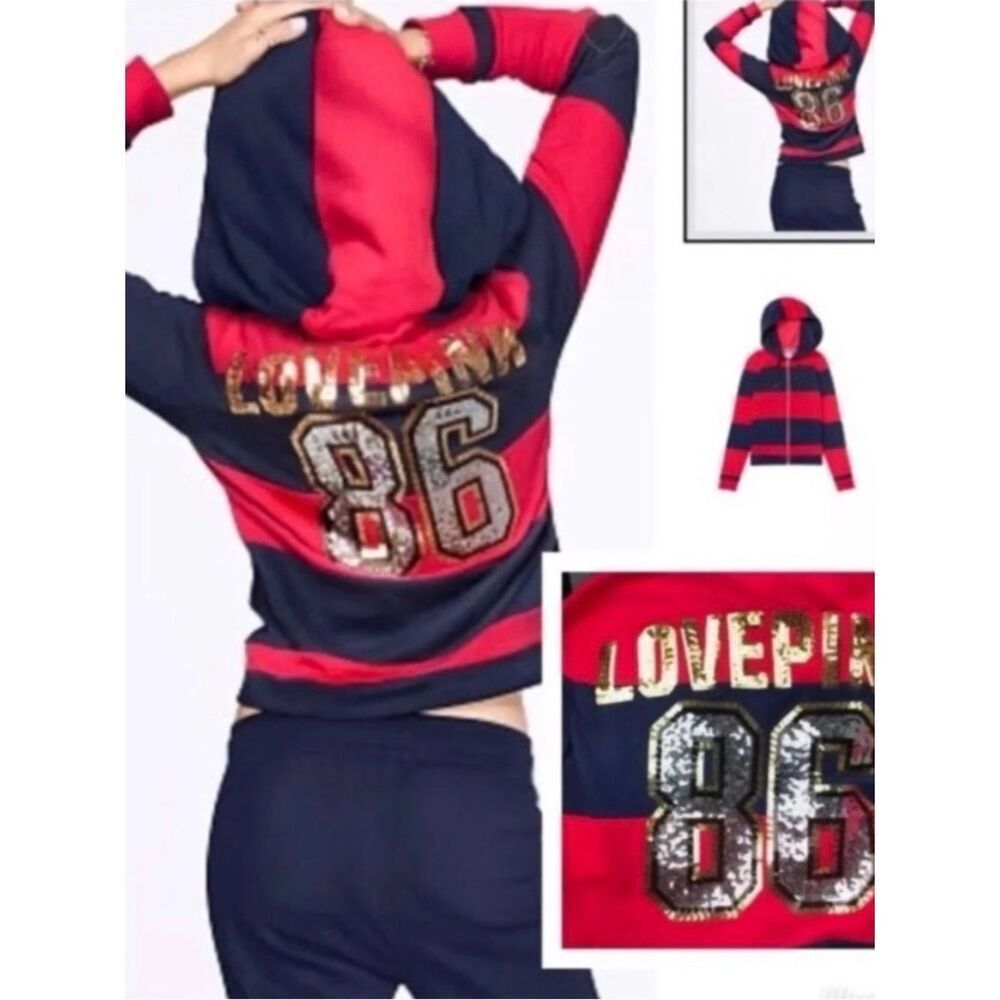 PINK VS STRIPE RED/ BLUE 86 BLING HOODIE SMALL